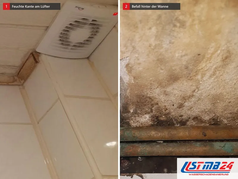 Zwei Ansichten: Badlüfter an der Decke mit vergilbten, feuchten Fugen, daneben dunkler Befall an der Wand über alten Rohren hinter der Wanne