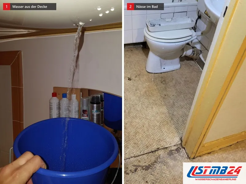 Zwei Ansichten: Wasser läuft in einem Strahl aus der Decke in einen blauen Eimer, daneben ein Bad mit nassem Boden vor dem WC