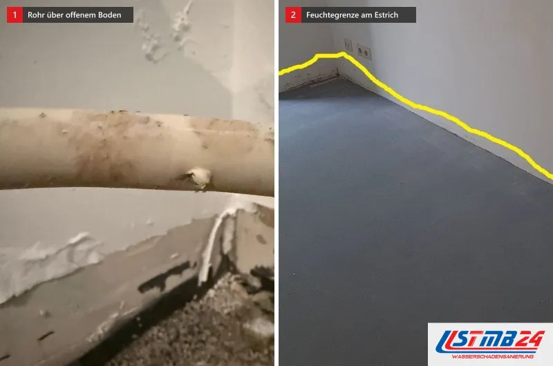 Zwei Bilder: ein ummanteltes Rohr über aufgebrochenem Boden mit nasser Schüttung und eine gelbe Feuchtegrenze an der Wand über unbelegtem Estrich
