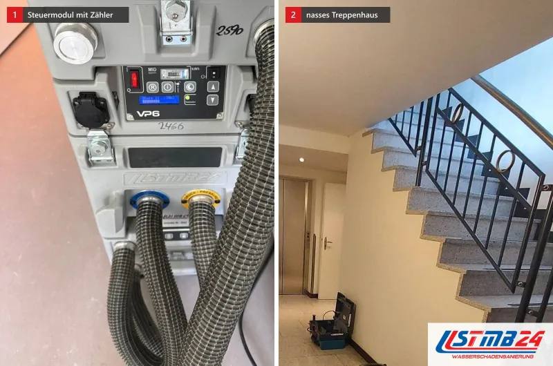 Zwei Bilder: ein Steuermodul mit eingebautem Stromzähler und Display und ein Treppenhaus mit nassem Steinboden, im Flur Messkoffer und ein Eimer