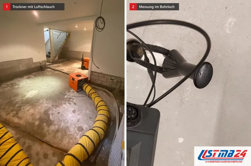 Zwei Bilder: ein Trockner mit gelbem Luftschlauch auf freigelegtem Kellerestrich und Elektroden in zwei Bohrlöchern im Beton