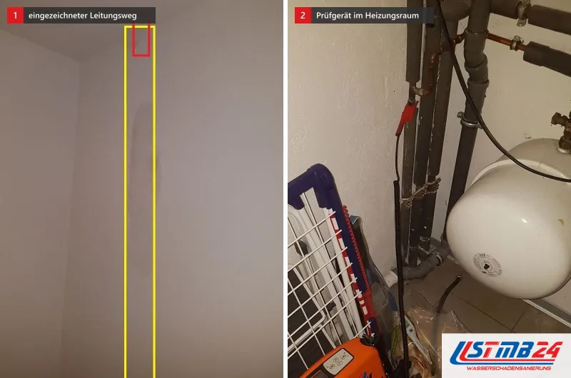 Zwei Bilder: eine Wand mit gelb eingezeichnetem Leitungsverlauf und roter Fundstelle und ein Prüfgerät vor einem Ausdehnungsgefäß