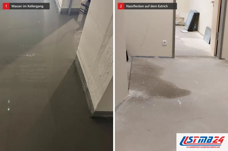 Zwei Bilder: Wasser steht im Kellergang bis zur offenen Tür, daneben ein frischer Estrich, auf dem vor zwei Türen dunkle Nassflecken stehen