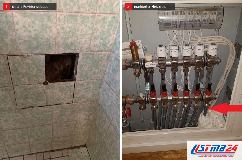 Zwei Bilder: grün gemusterte Badfliesen mit geöffneter Revisionsklappe und ein Heizkreisverteiler, ein roter Pfeil auf einen Stellantrieb