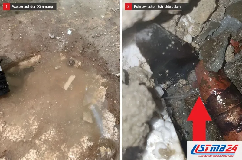 Zwei Bilder: links braunes Wasser auf Styropordämmung nach dem Aufnehmen des Estrichs, rechts ein rotbraunes Rohr zwischen Estrichbrocken