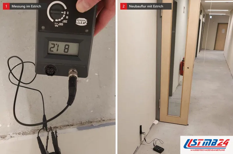 Zwei Bilder: links ein Messgerät mit 21,8 und Elektroden am Estrich, rechts der Gang eines Neubaus, Estrich ohne Belag zwischen hellen Zargen