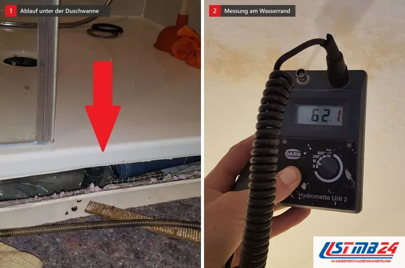 Zwei Bilder: links eine Duschwanne ohne Schürze mit rotem Pfeil auf den Ablauf, rechts ein Messgerät mit 62,1 vor einem braunen Wasserrand