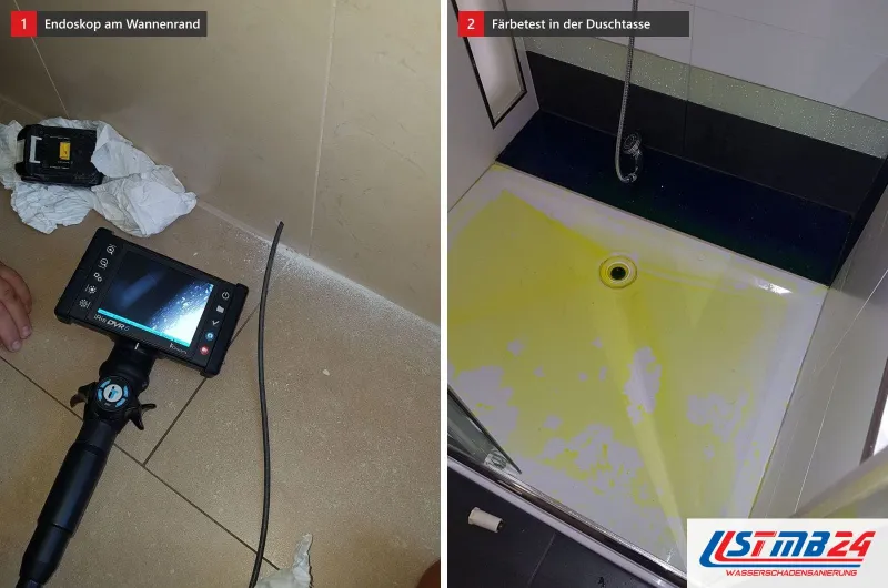 Zwei Bilder: links ein Endoskop mit Monitor auf hellen Fliesen am Wannenrand, rechts eine Duschtasse mit gelb gefärbtem Wasser