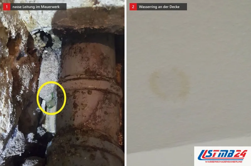 Zwei Bilder: links ein altes Abwasserrohr im offenen Mauerwerk mit gelb umkreister nasser Leitung daneben, rechts ein Wasserring an der Decke
