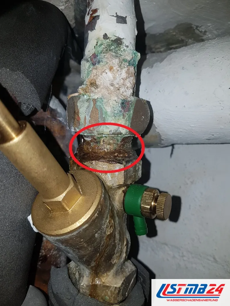 Korrodierte Verschraubung an der Wasserleitung vor dem Messingfilter, ein roter Kreis um die rostige Stelle, grüne Ablagerungen am Rohr