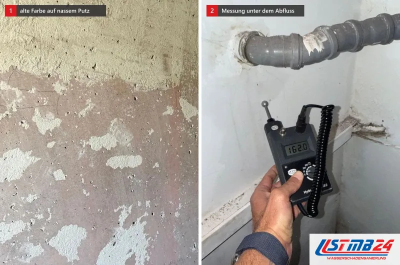 Zwei Bilder: links eine Wand mit Resten rosa Farbe und Spachtelflecken, rechts ein Messgerät mit 162,0 unter einem grauen Abflussrohr