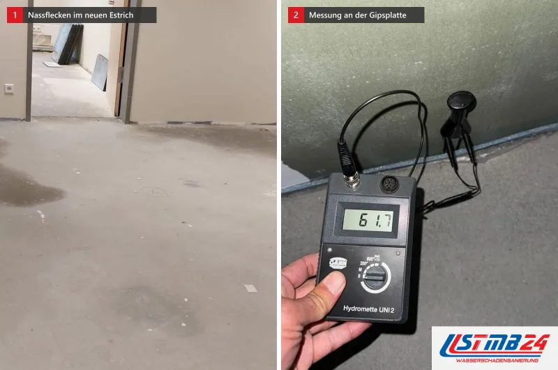 Zwei Bilder: links neuer Estrich mit dunklen Nassflecken vor zwei Türen, rechts ein Messgerät mit Elektroden an einer grünen Gipsplatte