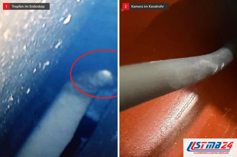 Zwei Kamerabilder: links ein rot umkreister Wassertropfen im Endoskop, rechts das Kabel einer Kamera in einem orangefarbenen Kanalrohr