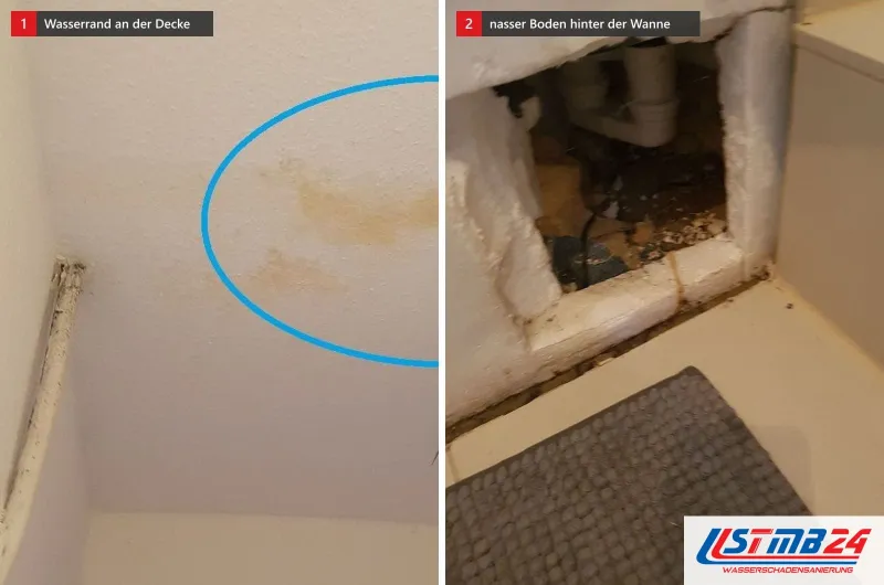 Zwei Bilder: links eine Decke mit Riss und gelbbraunem Wasserrand, blau umkreist, rechts eine geöffnete Wannenverkleidung mit nassem Boden