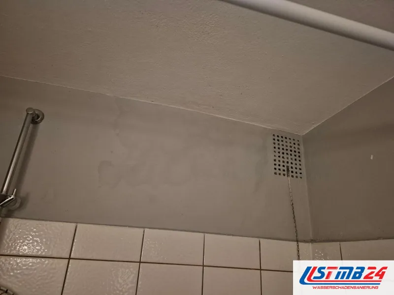 Baddecke mit grauen Schimmelpunkten über der Fliesenkante, an der Wand ein Haltegriff und ein Lüftungsgitter