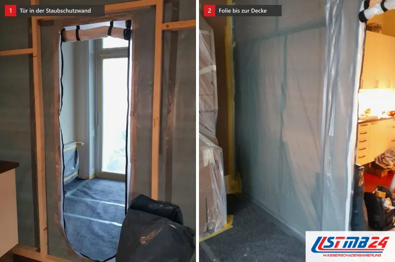 Zwei Bilder einer Abschottung: links ein Lattengerüst mit Folie und Reißverschlusstür, rechts die Folienwand bis unter die Decke