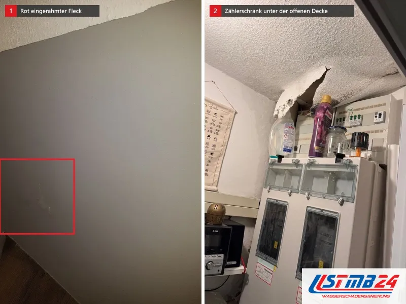 Zwei Ansichten: Wand mit rot eingerahmtem Fleck, daneben Zählerschrank unter einer aufgebrochenen Decke in einem Hauswirtschaftsraum