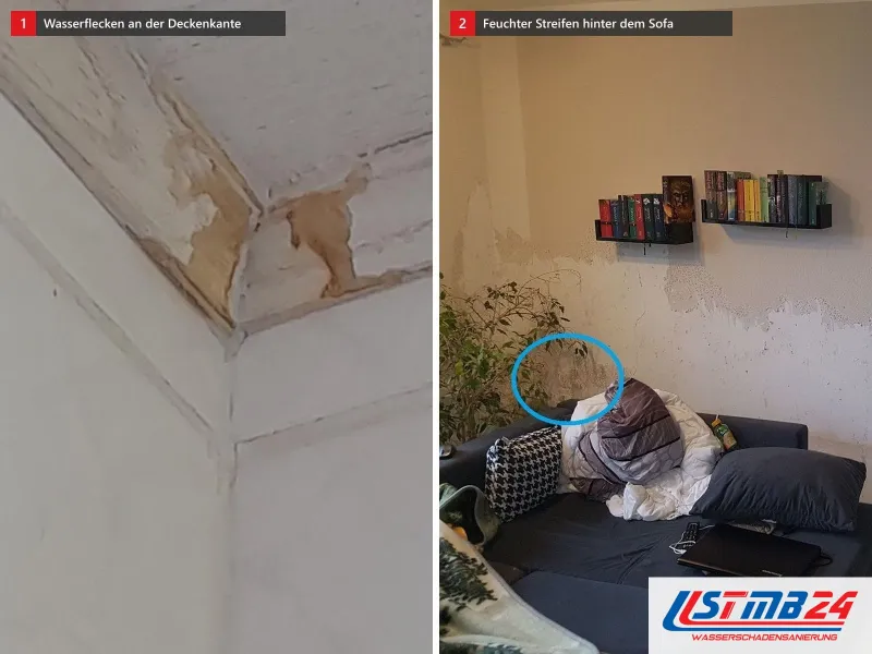 Zwei Ansichten: Raumecke mit braunen Wasserflecken an der Deckenkante, daneben Wohnzimmerwand mit fleckigem Streifen bis Kniehöhe, blau umkreist