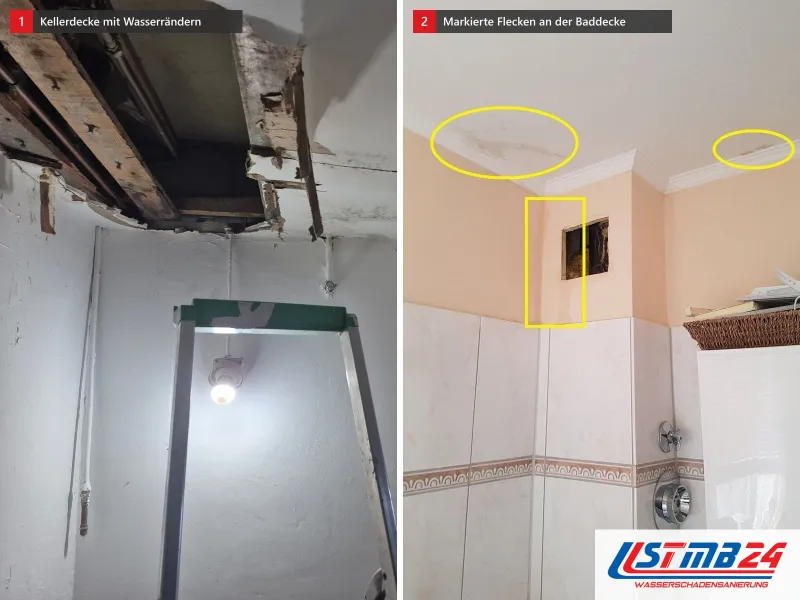 Zwei Ansichten: geöffnete Kellerdecke mit Holzbalken und Wasserrändern, daneben Baddecke mit gelb umkreisten Wasserflecken über einer Fliesenbordüre