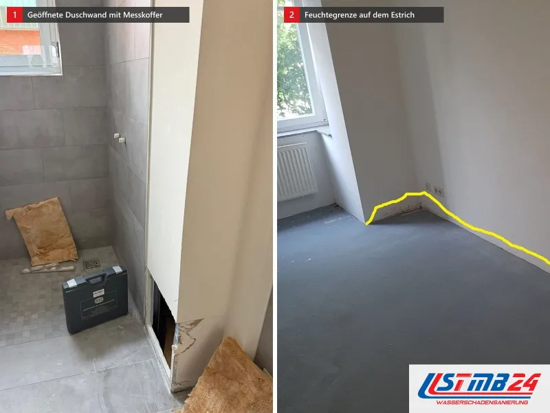 Zwei Ansichten: grau geflieste Dusche mit unten geöffneter Wand und Mineralwolle, daneben Estrich ohne Belag mit gelber Feuchtegrenze