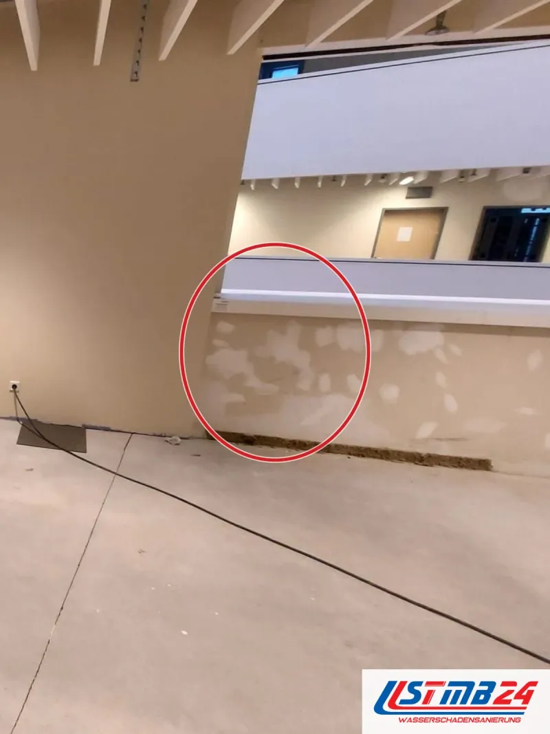 Großer leerer Raum mit Lamellendecke, Kabel aus der Wand und einer Steckdose auf Bodenhöhe, ein roter Kreis markiert die Stelle