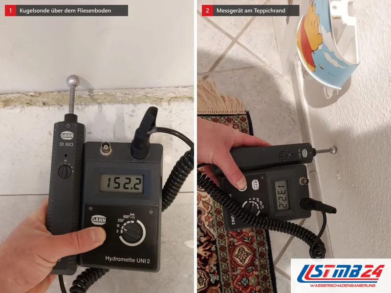 Zwei Ansichten: Hydromette mit Kugelsonde an der Wand über Fliesen, Anzeige 152,2, daneben Messgerät am Wandfuß über einem Teppich