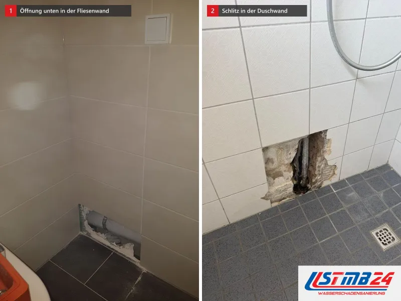 Zwei Ansichten: Fliesenwand mit geöffneter Stelle unten am Boden, daneben geöffneter Schlitz in der Fliesenwand einer Dusche