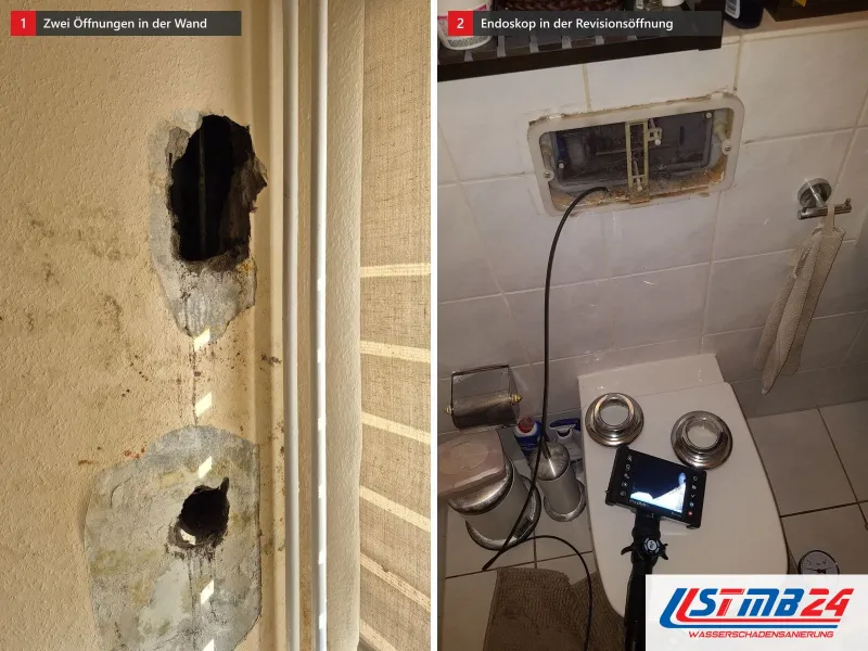 Zwei Ansichten: zwei Öffnungen in einer Wand, daneben wandhängendes WC vor gefliester Vorwand, Endoskop in der Revisionsöffnung