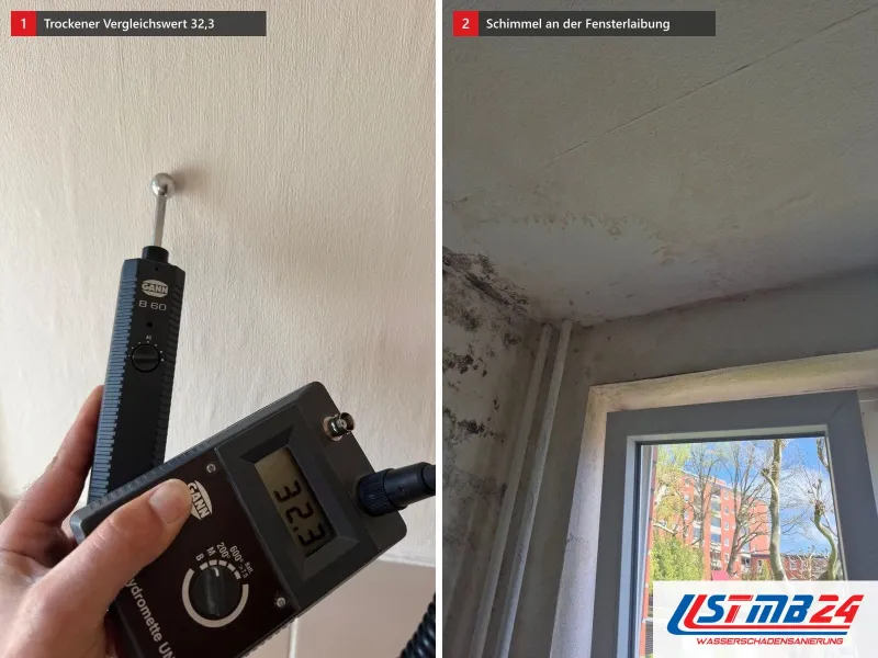 Zwei Ansichten: Kugelsonde an einer weißen Putzwand mit Anzeige 32,3, daneben Fenster mit schwarzem Schimmel an Laibung, Wand und Deckenkante