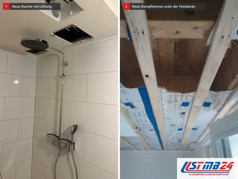 Zwei Ansichten: neue Dusche mit Regenbrause und Deckenöffnungen für die Lüftung, daneben alte Holzdecke mit neuer Lattung und Dampfbremse