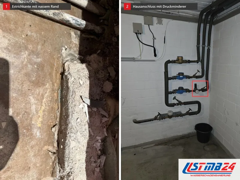 Zwei Ansichten: Estrichkante mit nassem Rand, daneben Hausanschluss im Keller mit Wasserzählern und Absperrventilen, rot markiert der Druckminderer