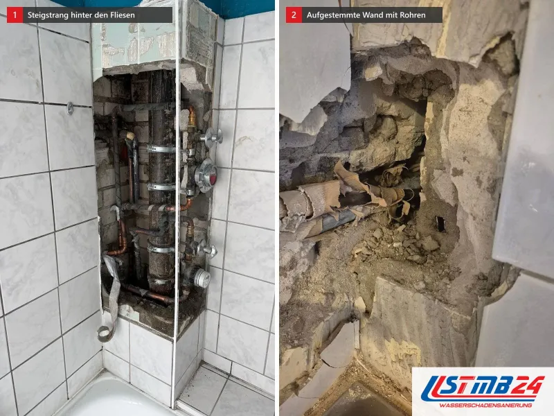 Zwei Ansichten: geöffnete Fliesenwand über der Wanne mit Steigstrang aus Stahl und Kupfer, daneben aufgestemmte Wand mit Rohren