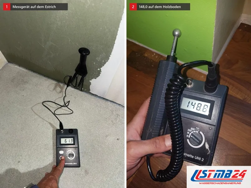 Zwei Ansichten: Messgerät auf dem Estrich mit Elektrode in der Ecke, daneben Feuchtemessgerät mit 148,0 auf dunklem Holzboden vor grüner Wand