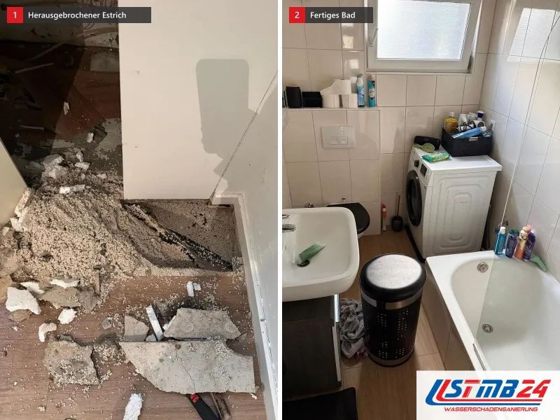 Zwei Ansichten: Boden mit herausgebrochenen Estrichstücken und Schüttung, daneben kleines fertiges Bad mit Waschtisch, Wanne und Waschmaschine