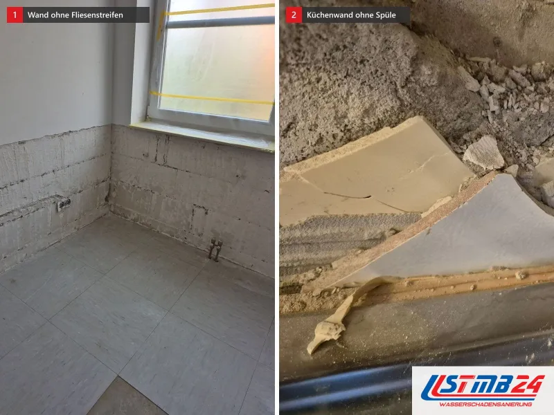 Zwei Ansichten: Raum mit abgeschlagenem Fliesenstreifen an der Wand, daneben Küchenwand hinter der ausgebauten Spüle mit freiem Mauerwerk