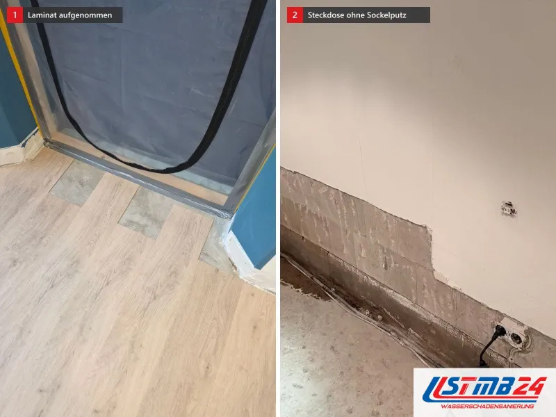Zwei Ansichten: aufgenommenes Laminat vor einer Folienwand, daneben Steckdose an einer Wand ohne Sockelputz über Leitungen auf dem Estrich