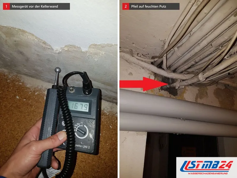 Zwei Ansichten: Messgerät mit 167,9 vor einer Kellerwand mit Salzausblühungen, daneben Kabelbündel an der Kellerdecke mit feuchtem Putz, roter Pfeil