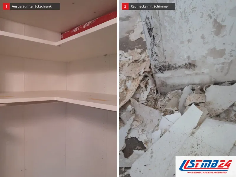 Zwei Ansichten: leerer Eckschrank mit Fachböden von innen, daneben Raumecke mit abgeplatztem Putz, Schimmel und Schutt am Boden