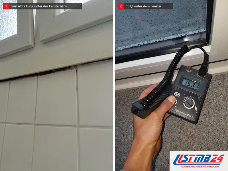 Zwei Ansichten: dunkle Fuge unter der Fensterbank im Fliesenspiegel, daneben Feuchtemessgerät mit 153,1 unter einem beschlagenen Fenster