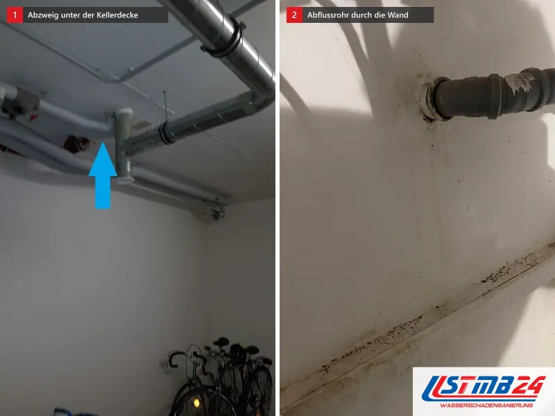 Zwei Ansichten: Kellerraum mit Fahrrädern und Rohren unter der Decke, blauer Pfeil auf einem Abzweig, daneben graues Abflussrohr durch die Wand