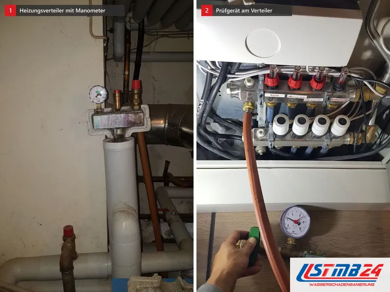 Zwei Ansichten: Heizungsverteiler mit Manometer und roten Ventilen an einer Kellerwand, daneben Verteiler mit Prüfgerät und einer Hand am Ventil