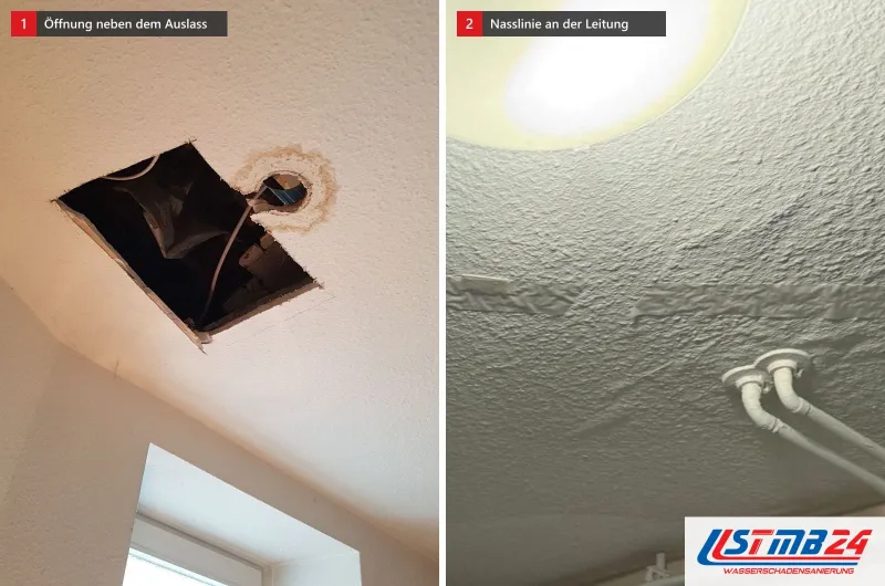 Zwei Bilder: eine Decke mit quadratischer Öffnung neben einem Auslass mit braunem Wasserrand und eine Rauputzdecke mit dunkler Nasslinie