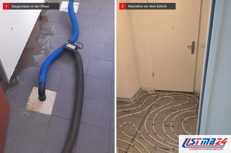 Zwei Bilder: ein schwarzer Saugstutzen in der Bohrung einer herausgenommenen Fliese und frisch verlegte Rohre einer Fußbodenheizung