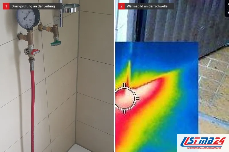 Zwei Bilder: ein Manometer mit rotem Schlauch an einer Wandleitung und an einer Türschwelle ein Wärmebild mit roter warmer Zone