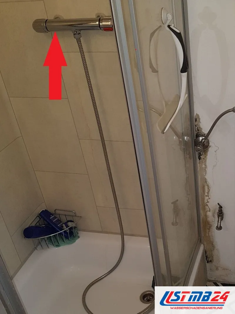 Duschecke aus der Nähe, ein roter Pfeil zeigt auf das Thermostat an der Wand