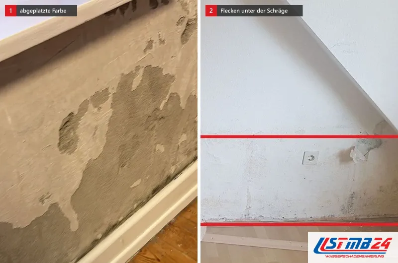 Zwei Bilder: eine Wand mit großflächig abgeplatzter Farbe über der Sockelleiste und ein Zimmer unter der Dachschräge mit rot gerahmtem Wandstreifen