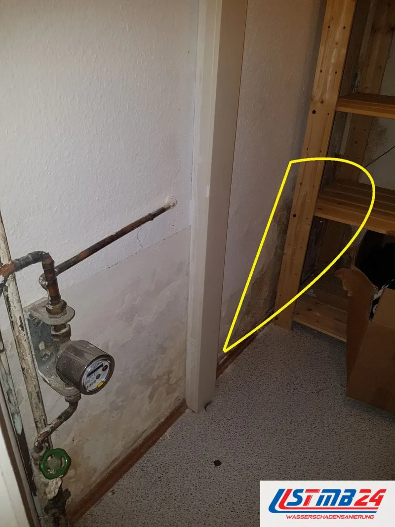 Kellerraum mit Wasserzähler und Absperrventil an der Wand, die feuchte Ecke hinter dem Holzregal gelb markiert