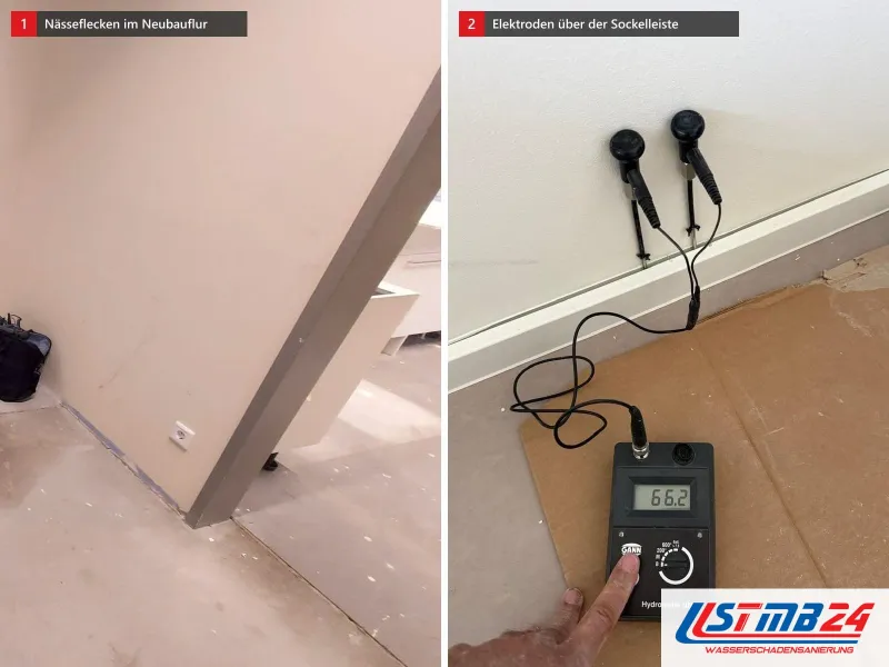 Zwei Ansichten: dunkle Nässeflecken auf frischem Estrich im Flur, daneben Messgerät mit zwei Elektroden in der Wand über der neuen Sockelleiste