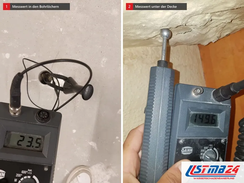 Zwei Ansichten: Messgerät mit 23,5 und Elektroden in zwei Bohrlöchern im Beton, daneben Feuchtemessgerät mit 149,6 unter einer weiß gekalkten Decke