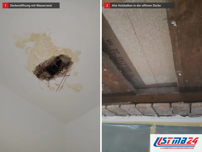 Zwei Ansichten: Deckenöffnung mit braunem Wasserrand ringsum, daneben geöffnete Decke mit dunklen Holzbalken auf dem Mauerwerk und hellen Spanplatten